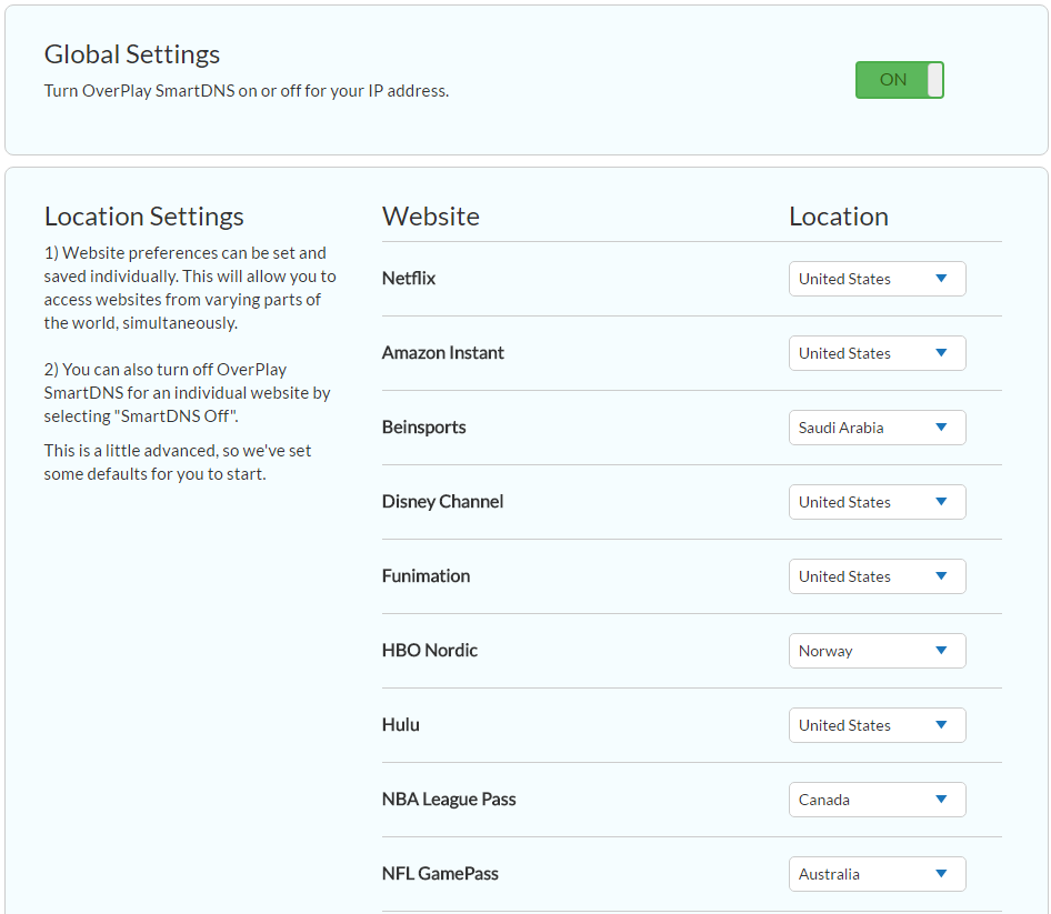 OverPlay DNS App Region Settings