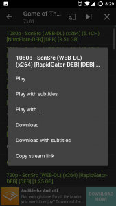 Terrarium TV play options menu