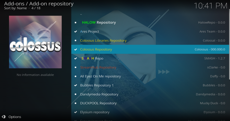 Select -SMASH Repo > Add-on repository > Colossus Repository