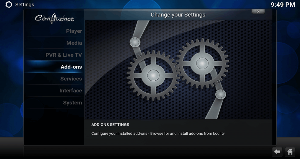 Kodi 17 Confluence Settings / System > Add-ons