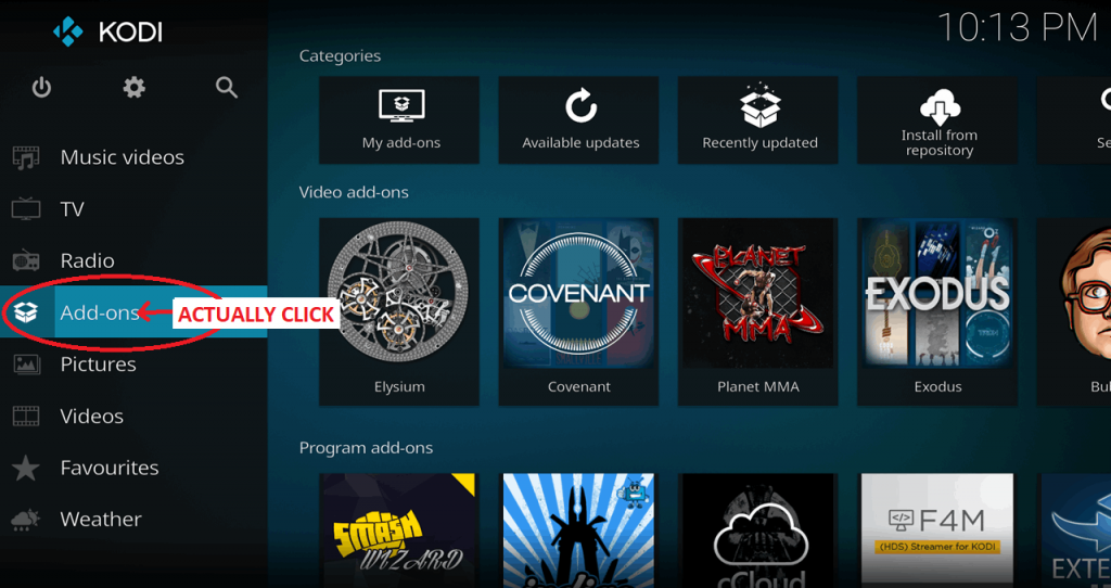 Kodi 17 Estuary Actually Click on Add-ons