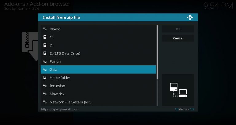 Gaia Kodi install from zip file - Gaia source