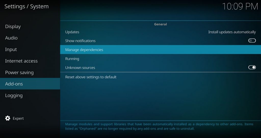 Settings Add Ons Manage Dependencies