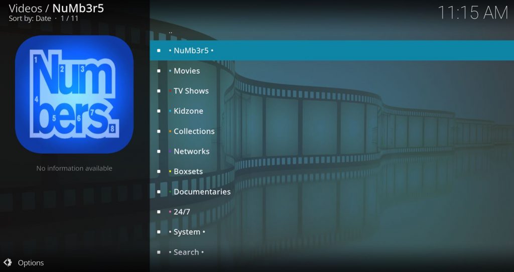 Numbers Kodi Main Menu