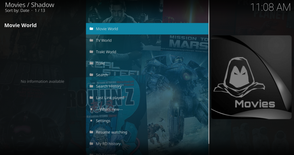 Shadow Kodi Main Menu
