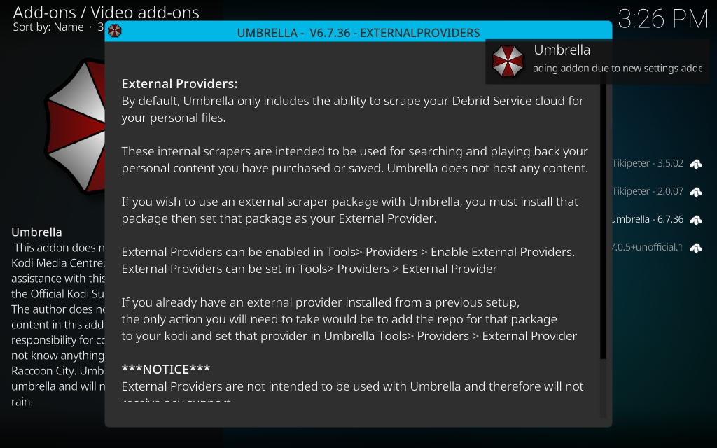 Umbrella Kodi Add On Installed
